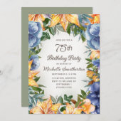 Blauer Orangenblumen 75. Geburtstag Einladung (Vorne/Hinten)