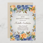 Blauer Orangenblumen 80. Geburtstag Einladung (Vorne/Hinten)