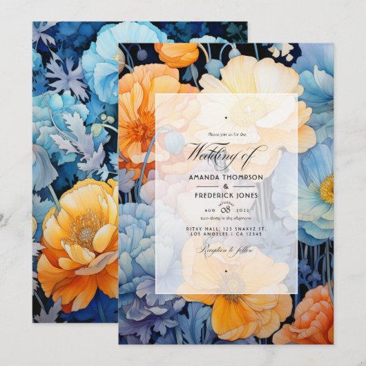 Blauer Oranger Frühling Hochzeit Einladung (Vorne/Hinten)