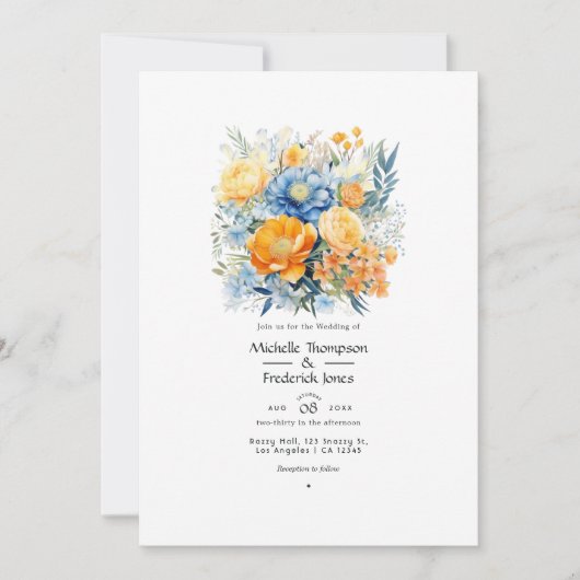 Blauer Oranger Frühling Hochzeit Einladung (Vorderseite)