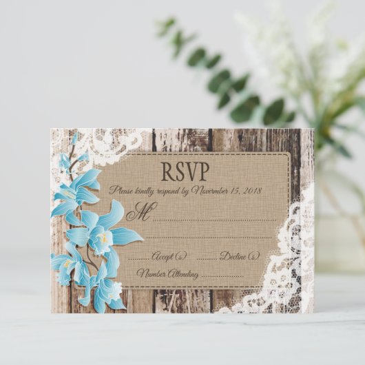 Blauer Orchid Blume Holzschnitt Rustikale RSVP-Kar RSVP Karte (Stehend Vorderseite)