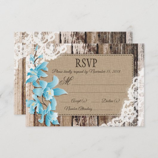 Blauer Orchid Blume Holzschnitt Rustikale RSVP-Kar RSVP Karte (Vorne/Hinten)