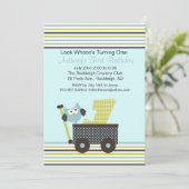 Blauer Owl in einem Wagen Einladung zum 1. Geburts (Stehend Vorderseite)