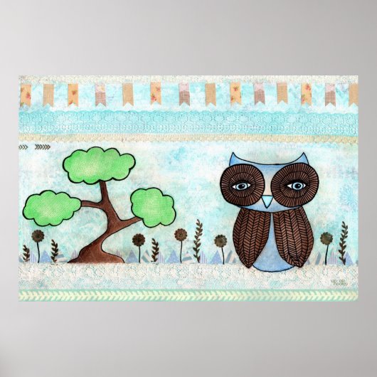 Blauer Owl & Lace Mixed Media Painting Poster (Vorne)