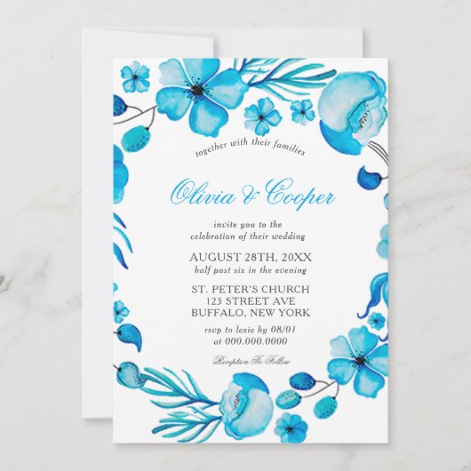 Blauer Ozean Blütenfarben Hochzeitsfeiern Einladun Einladung (Vorderseite)