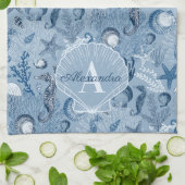 Blauer-Ozean-Meeresleben-Monogramm-Küchenhandtuch Geschirrtuch (Gefaltet)