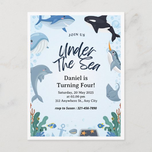 Blauer Ozean unter Meeresdolphin Geburtstag Postkarte (Vorderseite)