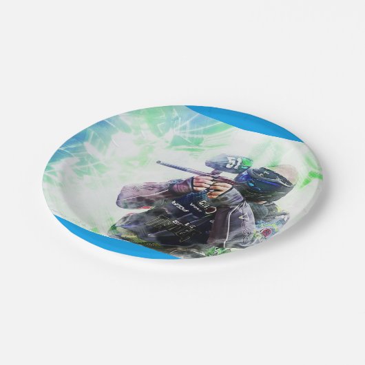 Blauer Paintball Pappteller (Schrägansicht)