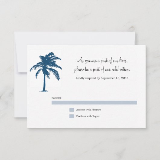 Blauer Palm Tree Hochzeitskarte RSVP Karte (Vorderseite)
