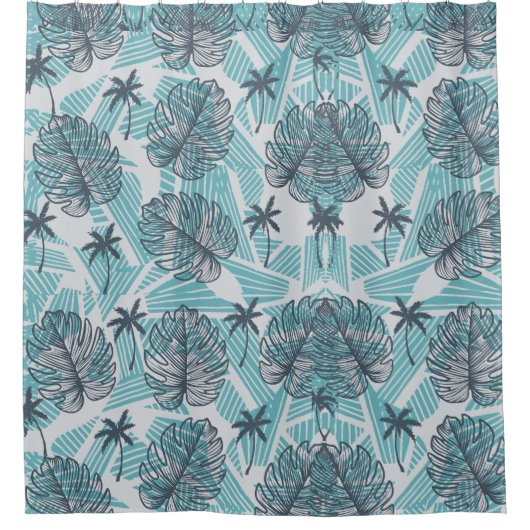 Blauer Palmblätterblätter Nahtloser Duschvorhang (Vorderseite)