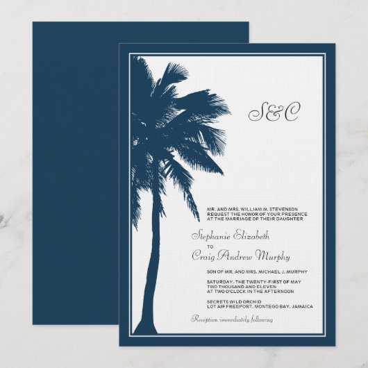 Blauer Palmenbaum Hochzeitsfeier Einladung (Vorne/Hinten)