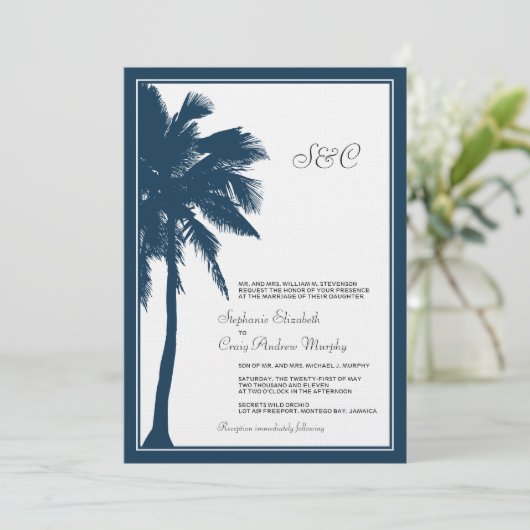 Blauer Palmenbaum Hochzeitsfeier Einladung (Stehend Vorderseite)