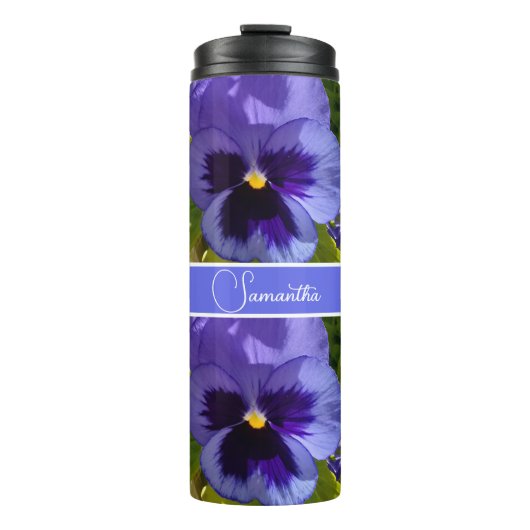 Blauer Pansy Blume Blumenmuster Frauen Name Thermosbecher (Vorderseite)