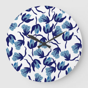 Blauer Pansy Floral: Hand Gezeichnet Nahtlos. Große Wanduhr