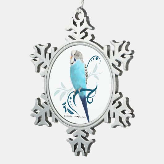 Blauer Parakeet Schneeflocken Zinn-Ornament (Rechts)