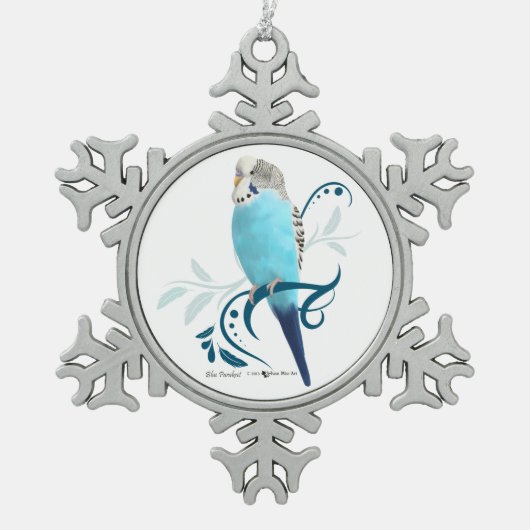 Blauer Parakeet Schneeflocken Zinn-Ornament (Vorderseite)