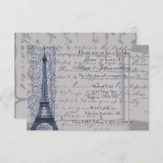 Blauer Pariser Brautdusche Einladung (Vorne/Hinten)