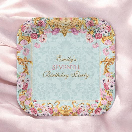 Blauer Pastell Gold Siebter Barock Rokoko Geburtst Pappteller