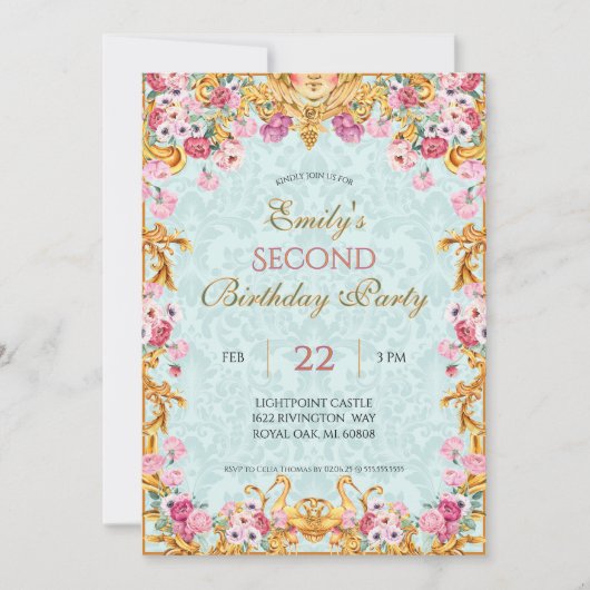 Blauer Pastell Gold Zweites Barock Rokoko Geburtst Einladung (Vorderseite)