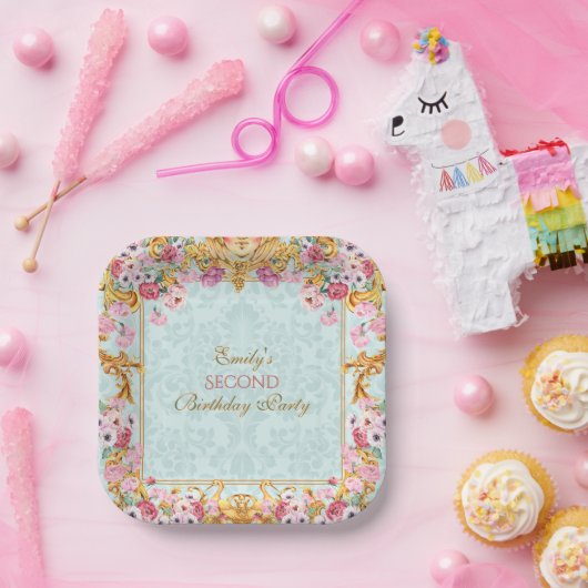 Blauer Pastell Gold Zweites Barock Rokoko Geburtst Pappteller (Party)