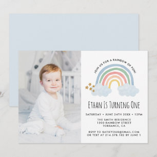 Blauer Pastell Regenbogen des Fun 1. Geburtstag Fo Einladung