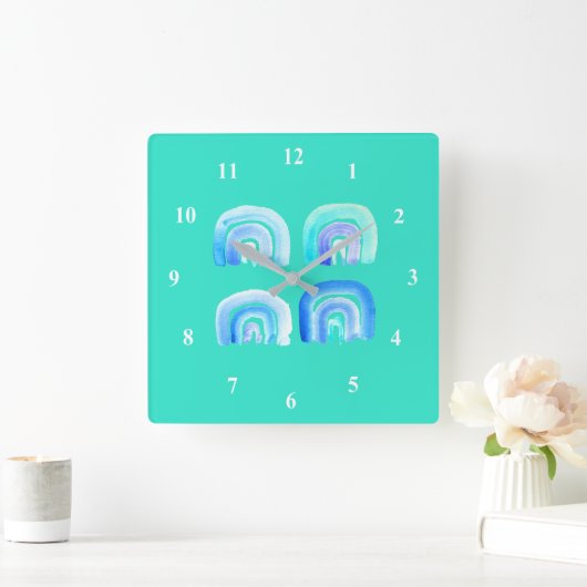 Blauer Pastell Retro Regenbogen Quadratische Wanduhr (Zuhause)