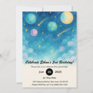 Blauer Pastell-Weltraum-Himmel Geburtstag Einladung