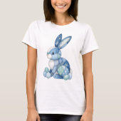Blauer Patchwork-Osterhase Floral Gingham Frühling T-Shirt (Vorderseite)