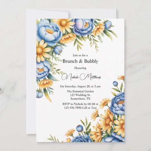 Blauer Peony und gelbe Milchbrunch & Bubbly Einladung (Vorderseite)