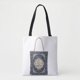 Blauer persischer Teppich mit Mashallah-Text. Tasche