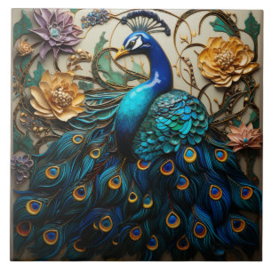 Blauer Pfau, Blumen, 3D-Effekt, Farbig Fliese