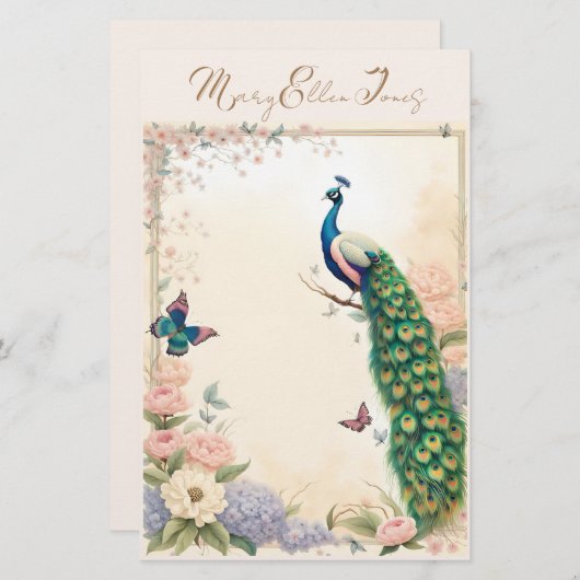 Blauer Pfau im Blumengarten Pasta II Briefpapier (Vorne/Hinten)