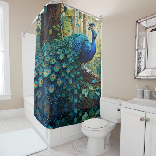 Blauer Pfau im Wald Duschvorhang (Beispiel)