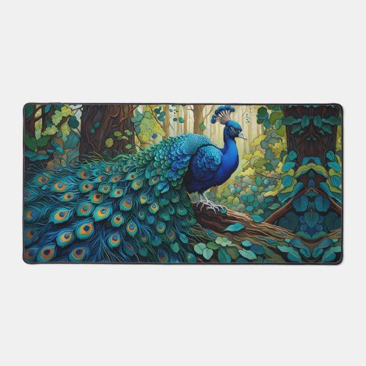 Blauer Pfau im Wald Schreibtischunterlage (Vorderseite)