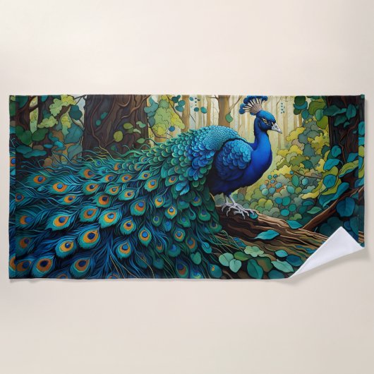 Blauer Pfau im Wald Strandtuch (Vorderseite)