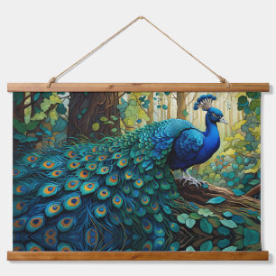 Blauer Pfau im Wald Wandteppich Mit Holzrahmen