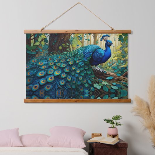 Blauer Pfau im Wald Wandteppich Mit Holzrahmen (Schlafzimmer)