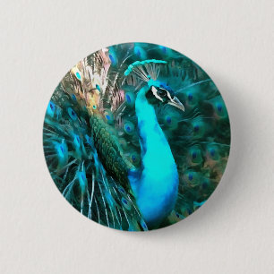 Blauer Pfau in lebendigem Blau mit gefangenen Schw Button