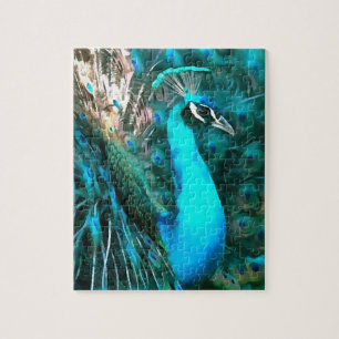 Blauer Pfau in lebendigem Blau mit gefangenen Schw Puzzle
