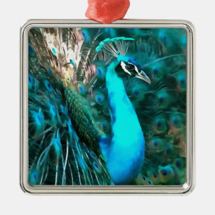 Blauer Pfau in lebendigem Blau mit gefangenen Schw Silbernes Ornament