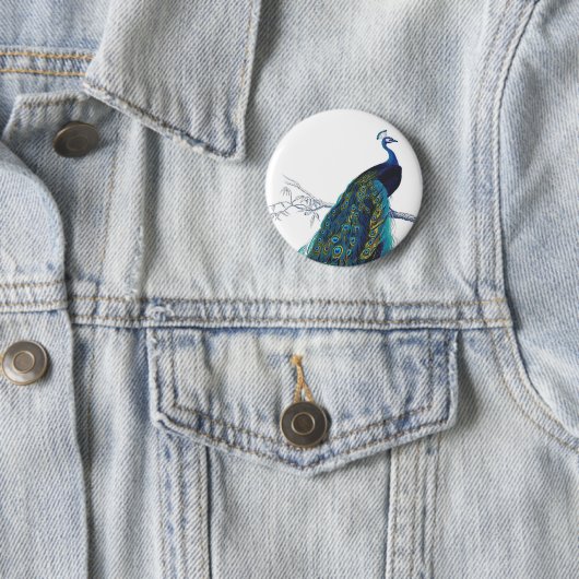 Blauer Pfau mit schönen Schwanzfedern Button (Beispiel)