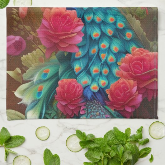 Blauer Pfau, Rosengarten Geschirrtuch (Gefaltet)