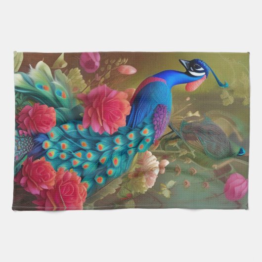 Blauer Pfau, Rosengarten Geschirrtuch (Horizontal)