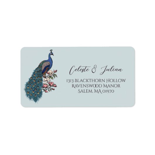 Blauer Pfau Rücksendeadresse mit Blumenmuster Adressaufkleber (Vorne)
