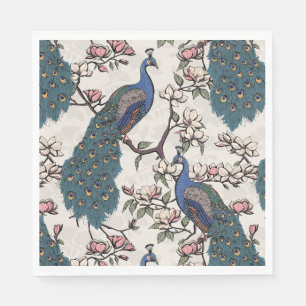 Blauer Pfau und Magnolia Elfenbein Serviette