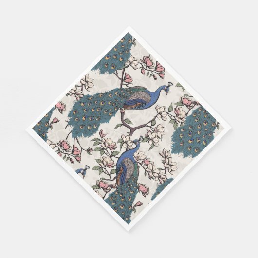 Blauer Pfau und Magnolia Elfenbein Serviette (Ecke)