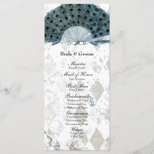 Blauer Pfauenfächer Hochzeitsprogramm im Vintage-S Programm (Vorderseite)