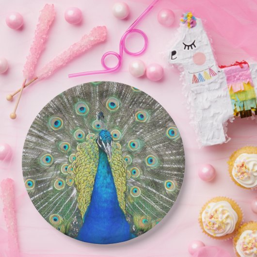 Blauer Pfauenfeder Pappteller (Party)