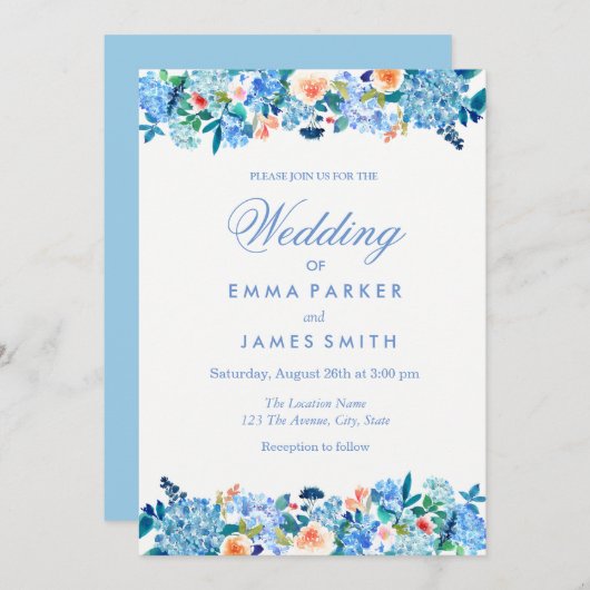 Blauer Pfirsichbauch Hochzeitsfeiern Einladung (Vorne/Hinten)