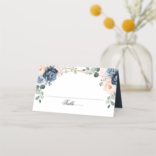 Blauer Pfirsichblutdruck Geometric floral Wedding Platzkarte (Rückseite)